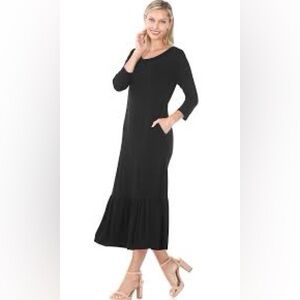 💜 Zenana Outfitters Black Three Quarter Sleeve Ruffle Hem Midi Dress